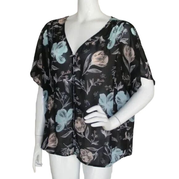 Torrid Sheer Top, 1/1X, Button front Floral, SS, Black/Blue/Pink - Picture 4 of 12
